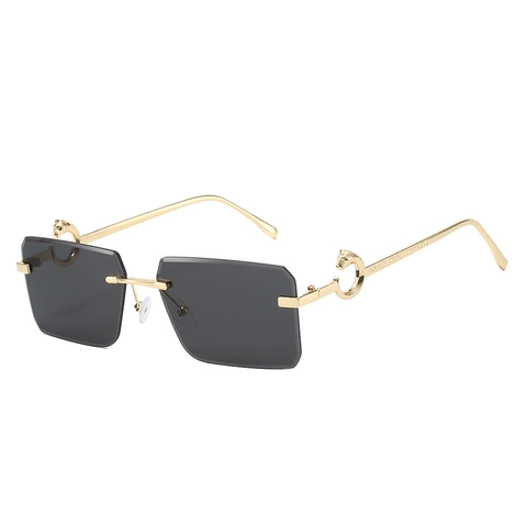 Rimless Rectangular Sunglasses Metal Frame Panther Head Decor UV400 Protection Fashion Hip Hop For Men Women