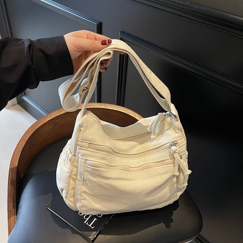 Canvas Crossbody Bag Women Multi Pocket Large Capacity Shoulder Bag Casual Travel Commuting Vintage Zipper Closure