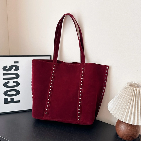 Women Tote Bag Faux Suede Large Capacity Rivet Decor Underarm Shoulder Bag Vintage Solid Color Commuter Office Casual