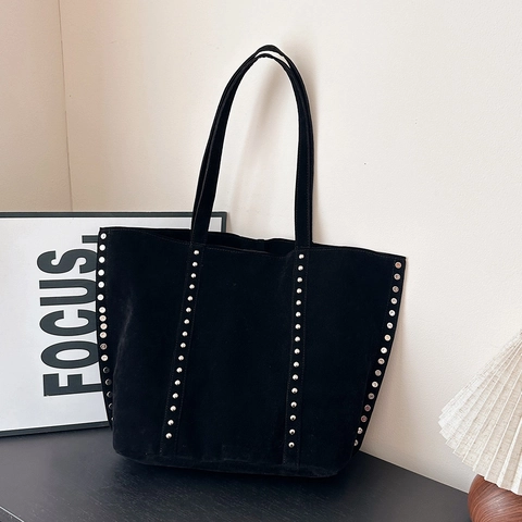 Women Tote Bag Faux Suede Large Capacity Rivet Decor Underarm Shoulder Bag Vintage Solid Color Commuter Office Casual