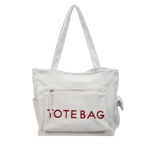 Borsa Tote In Velluto A Coste Da Donna Grande Capacità Borsa A Spalla Con Ricamo Tasca Con Cerniera Casual Streetwear