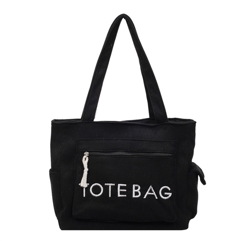Borsa Tote In Velluto A Coste Da Donna Grande Capacità Borsa A Spalla Con Ricamo Tasca Con Cerniera Casual Streetwear