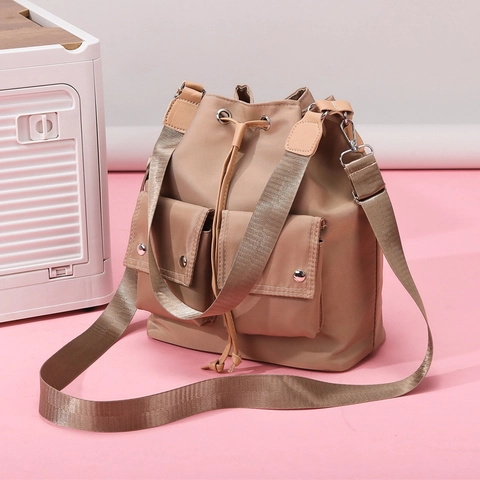 Borsa Tracolla Secchiello Nylon Oxford Impermeabile Chiusura A Coulisse Due Tasche Anteriori Grande Capacità Quotidiano Donna