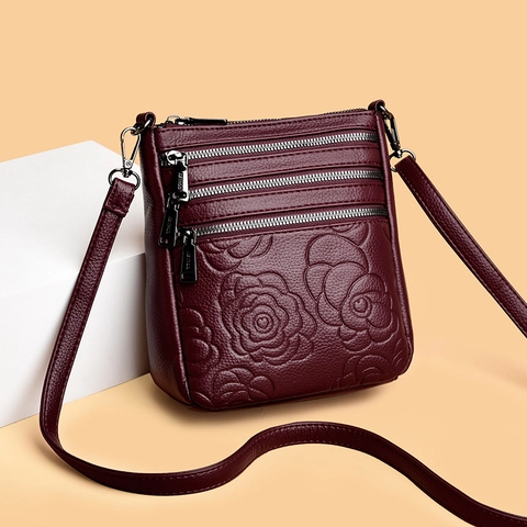 Women Crossbody Bag PU Leather Litchi Grain Multi Zipper Pockets Rose Floral Embossed Casual Shoulder Purse