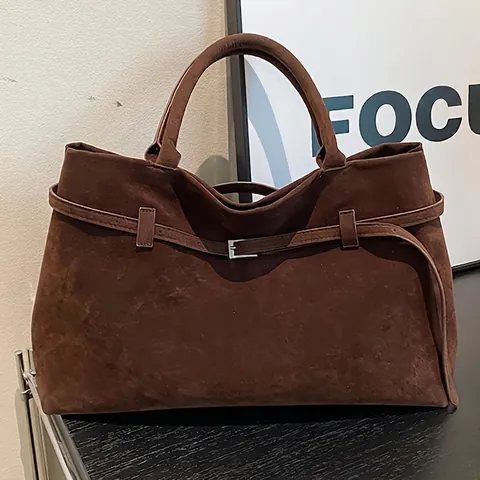 Women Suede Tote Handbag Large Capacity Belt Decoration Metal Buckle Solid Color Retro Commute Office Bags