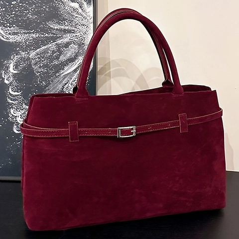 Women Suede Tote Handbag Large Capacity Belt Decoration Metal Buckle Solid Color Retro Commute Office Bags