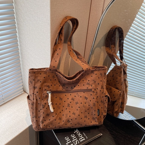 Borsa Tote In Velluto A Coste Retrò Da Donna Con Stampe Di Cuori E Fiocchi Grande Capacità Per Il Pendolarismo E Lo Shopping