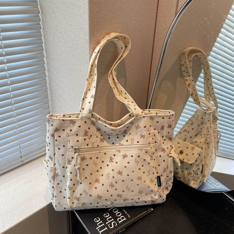 Borsa Tote In Velluto A Coste Retrò Da Donna Con Stampe Di Cuori E Fiocchi Grande Capacità Per Il Pendolarismo E Lo Shopping