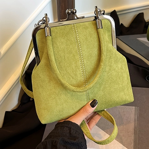 Sac À Bandoulière Vintage En Suédine À Fermoir Bisou Color Block Cadre En Métal Sac À Main Pour Femme Élégant Style Docteur Simple