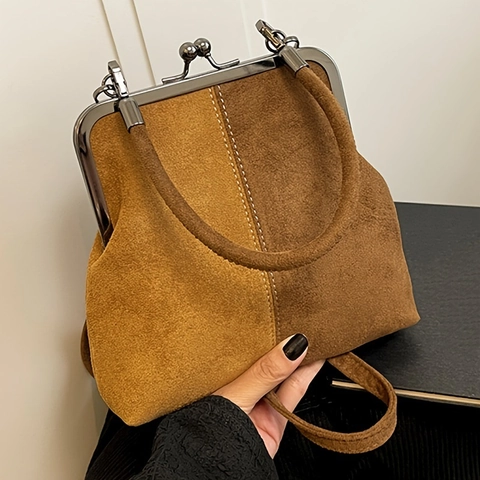 Sac À Bandoulière Vintage En Suédine À Fermoir Bisou Color Block Cadre En Métal Sac À Main Pour Femme Élégant Style Docteur Simple