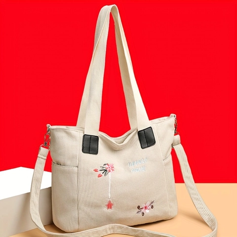 Borsa Tote In Velluto A Coste Da Donna Ricamo Floreale Grande Capacità Versatile Borsa Da Mano Casual Con Tracolla Regolabile