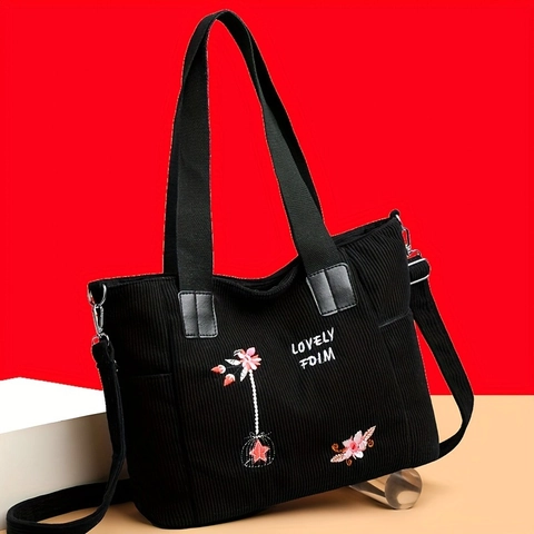 Borsa Tote In Velluto A Coste Da Donna Ricamo Floreale Grande Capacità Versatile Borsa Da Mano Casual Con Tracolla Regolabile