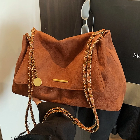 Women Suede Crossbody Bag Retro Large Capacity Flap Shoulder Bag With Gold Chain Strap And Metal Bar Decor Commuting