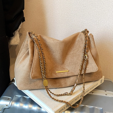 Women Suede Crossbody Bag Retro Large Capacity Flap Shoulder Bag With Gold Chain Strap And Metal Bar Decor Commuting