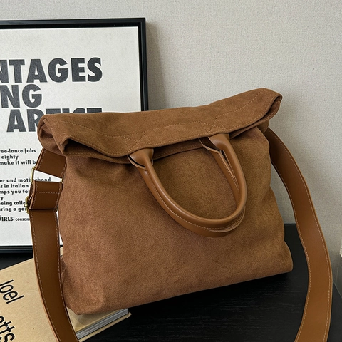Vintage Suede Large Capacity Tote Handbag For Women Solid Color Chic Shoulder Crossbody Bag With Adjustable Strap