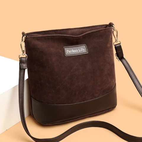 Women Suede Patchwork Leather Crossbody Bag Waterproof Multi Compartment Casual Shoulder Bucket Bag Vintage Minimalist