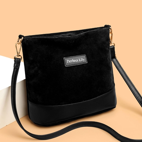 Women Suede Patchwork Leather Crossbody Bag Waterproof Multi Compartment Casual Shoulder Bucket Bag Vintage Minimalist