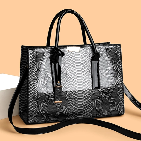 Sac Fourre-Tout Motif Serpent Cuir PU Verni Grande Capacité Sac À Main Avec Bandoulière Style Rétro Dégradé Pour Femmes