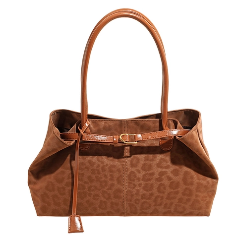 Leopard Print Tote Bag Large Capacity Vintage PU Suede Shoulder Handbag Fashion Casual For Women Gold Buckle Decorative Belt