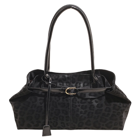 Leopard Print Tote Bag Large Capacity Vintage PU Suede Shoulder Handbag Fashion Casual For Women Gold Buckle Decorative Belt