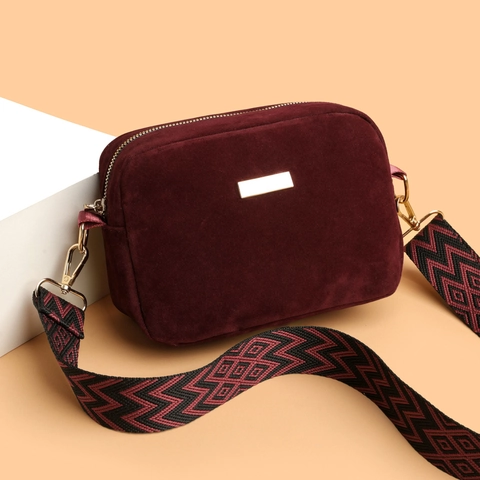 Sac Bandoulière Rétro Femme Suède Caméra Sangle Large Tissée Géométrique Accesorios Dorés Minimaliste