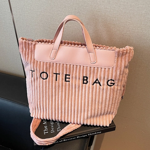 Cord-Tragetasche Große Kapazität Buchstaben-Stickerei Vintage Lässige Schulter-Handtasche Mit Verstellbarem Riemen