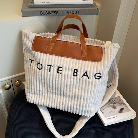 Cord-Tragetasche Große Kapazität Buchstaben-Stickerei Vintage Lässige Schulter-Handtasche Mit Verstellbarem Riemen