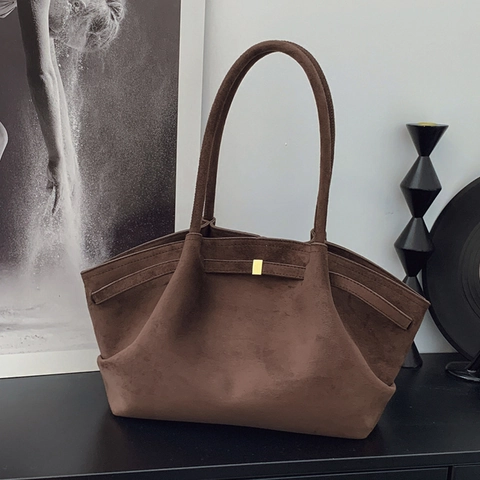 Vintage Suede Texture Μεγάλη Τσάντα Tote Γυναικεία Ρετρό Μινιμαλιστική Τσάντα Ώμου Με Χρυσή Αγκράφα Μεγάλη Χωρητικότητα