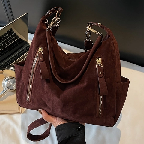 Bolso De Hombro De Gamuza De Gran Capacidad Para Mujer Retro Niche Tote Multi Bolsillos Cremallera Crossbody Para El Viaje Universitario
