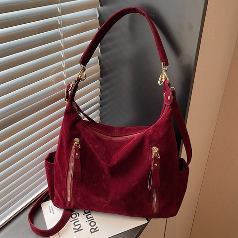 Bolso De Hombro De Gamuza De Gran Capacidad Para Mujer Retro Niche Tote Multi Bolsillos Cremallera Crossbody Para El Viaje Universitario