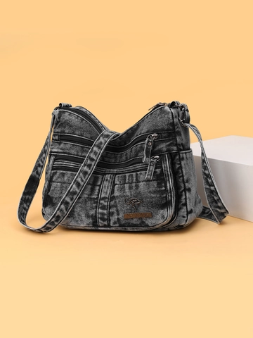 Borsa a Tracolla da Donna in Denim Lavato Borsa a Spalla Quadrata Multistrato Con Cerniera e Tracolla Regolabile Casual