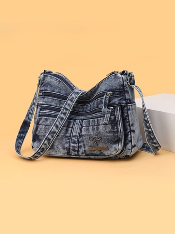 Borsa a Tracolla da Donna in Denim Lavato Borsa a Spalla Quadrata Multistrato Con Cerniera e Tracolla Regolabile Casual