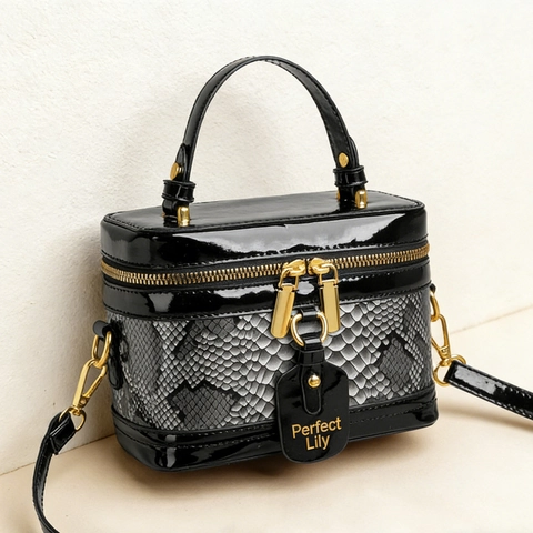 Vintage Box Handtas Voor Dames Glanzend Lakleer Slangentextuur Patchwork Schoudertas Met Gouden Hardware Elegant