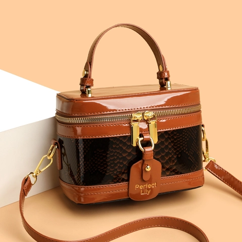 Vintage Box Handtas Voor Dames Glanzend Lakleer Slangentextuur Patchwork Schoudertas Met Gouden Hardware Elegant