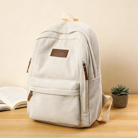Corduroy Backpack Large Capacity Vintage School Bag Minimalist Casual Daypack For Women College Students