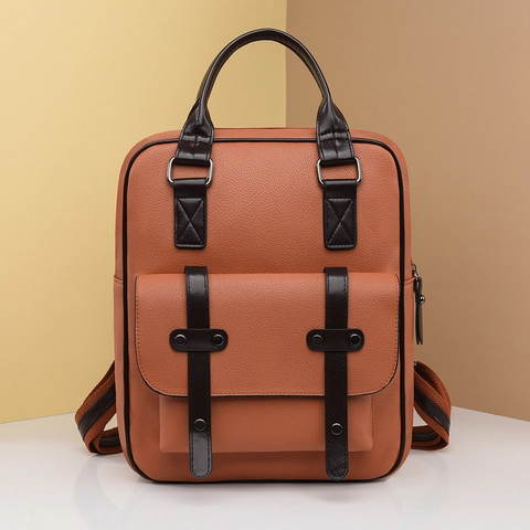 Vintage Contrast Color PU Leather Backpack For Women Large Capacity Waterproof Travel Rucksack With Lychee Grain