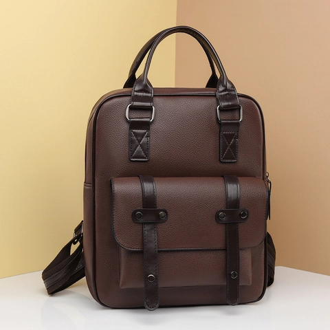 Vintage Contrast Color PU Leather Backpack For Women Large Capacity Waterproof Travel Rucksack With Lychee Grain