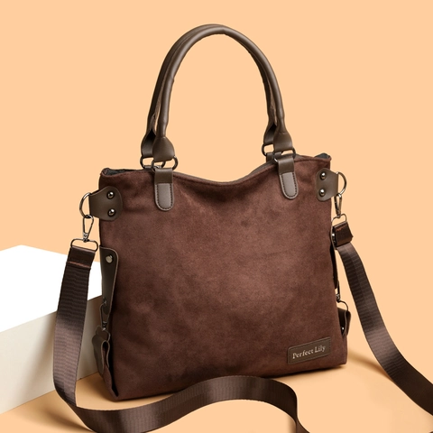 Large Capacity Faux Suede Tote Bag Women Retro Shoulder Crossbody Handbag Commuter Solid Color Frosted Texture