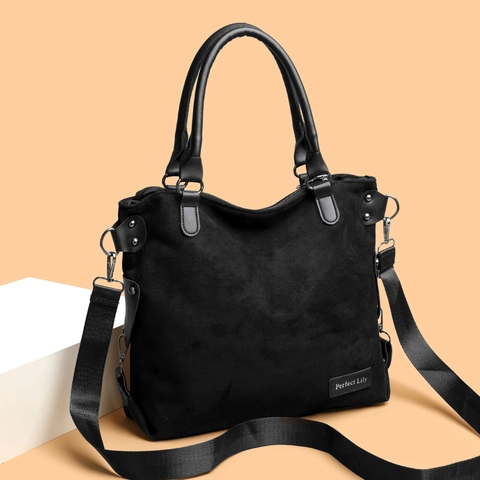 Large Capacity Faux Suede Tote Bag Women Retro Shoulder Crossbody Handbag Commuter Solid Color Frosted Texture