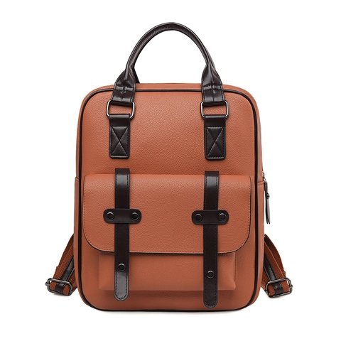 Mochila De Cuero PU Para Mujer Gran Capacidad Estilo Británico Retro Textura Lichi Bolso Escolar Viaje Color De Contraste