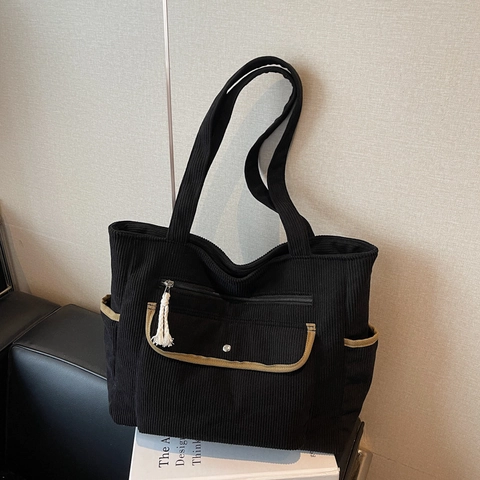 Borsa Tote In Velluto A Coste Grande Capacità Tasche Multiple Chiusura Lampo Bordo A Contrasto Retro Casual