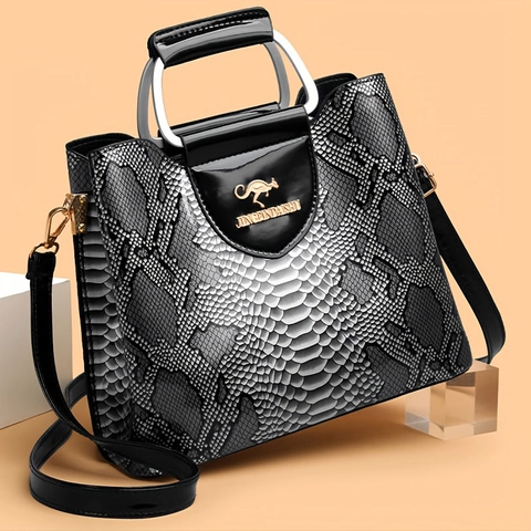 Damen Handtasche Schlangenmuster Lackleder PU Elegant Tote Umhängetasche Große Kapazität Metallgriff Büro Alltag