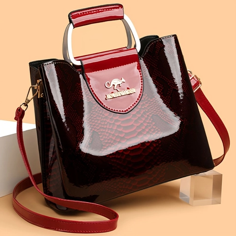 Damen Handtasche Schlangenmuster Lackleder PU Elegant Tote Umhängetasche Große Kapazität Metallgriff Büro Alltag