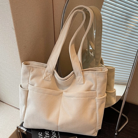 Corduroy Tote Bag Grote Capaciteit Multi Pocket Casual Schoudertas Voor Dames Woon Werkverkeer Vintage Stijl