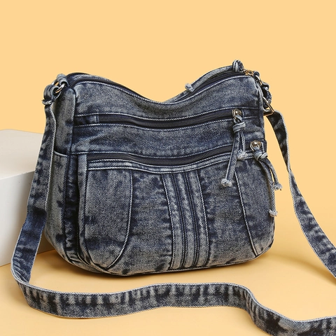 Borsa A Tracolla In Denim Lavato Da Donna Tasche Multiple Con Cerniera Retro Casual Grande Capacità Borsa A Spalla