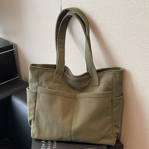 Corduroy Tote Bag Grote Capaciteit Multi Pocket Casual Schoudertas Voor Dames Woon Werkverkeer Vintage Stijl