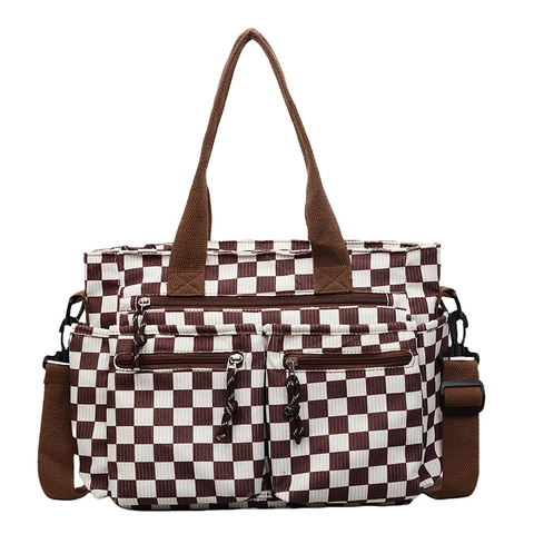 Borsa Tote Grande Capacità Motivo a Scacchiera per Donna in Velluto a Coste con Tasche Multiple Borsa a Tracolla Casual