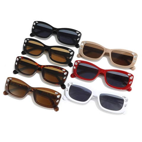 Fashion Rhinestone Rectangle Sunglasses UV400 Protection PC Frame AC Lens Vintage Small Sun Glasses For Women Men Hip Hop Trendy Eyewear