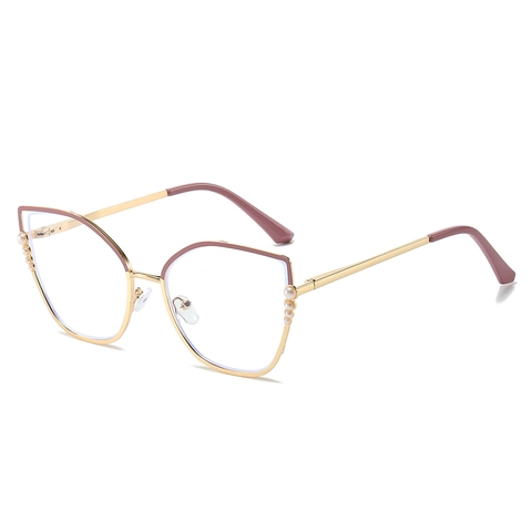 Fashion Cat Eye Eyeglass Frame Metal Anti Blue Light Artificial Pearl Decoration Retro Style Plain Glasses For Women