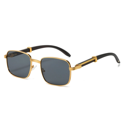 Vintage Square Sunglasses Metal Frame Faux Wood Temple UV400 Protection Luxury Retro Rectangular Eyewear For Men Women